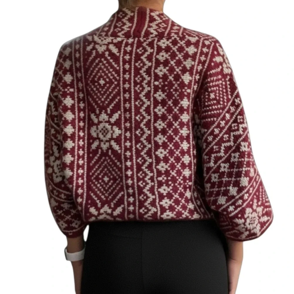 Cabi M Red White Fair Isle Wool Blend Pin Closure Knit Wrap Nordic Shrug Sweater
